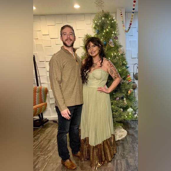 Anthropologie Green and gold Pleated Corset Dress - Picture 6 of 6